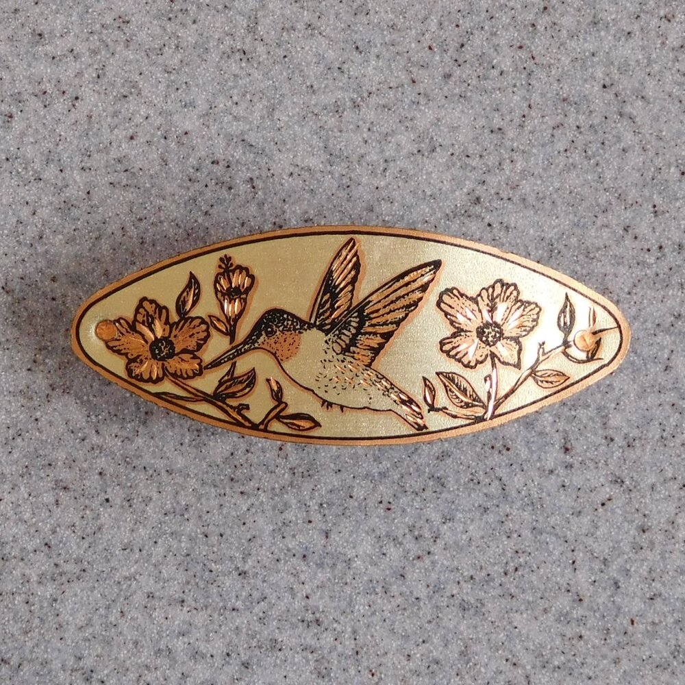 etched copper hummingbird and flower barrette 3 1/2" x 1 1/2"